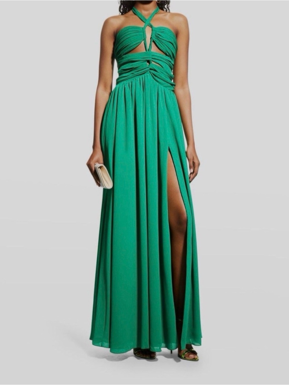 $698 Ronny Kobo Women's Green Front Cutout Halter Neck A-Line Dress Size M